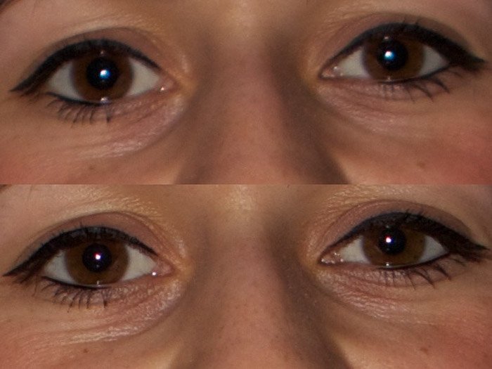 Диптих фото крупного плана глаз показывает разницу между использованием диафрагм 2.8 и 4.0