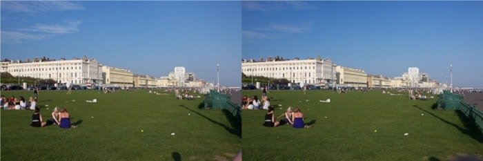 Диптих одной и той же фотографии людей, сидящих в травянистом парке в солнечный день, до и после использования поляризационного фильтра