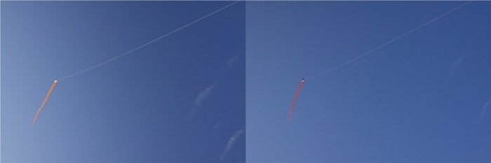 Диптих одной и той же фотографии воздушного змея, летящего в голубом небе в солнечный день, до и после использования поляризационного фильтра