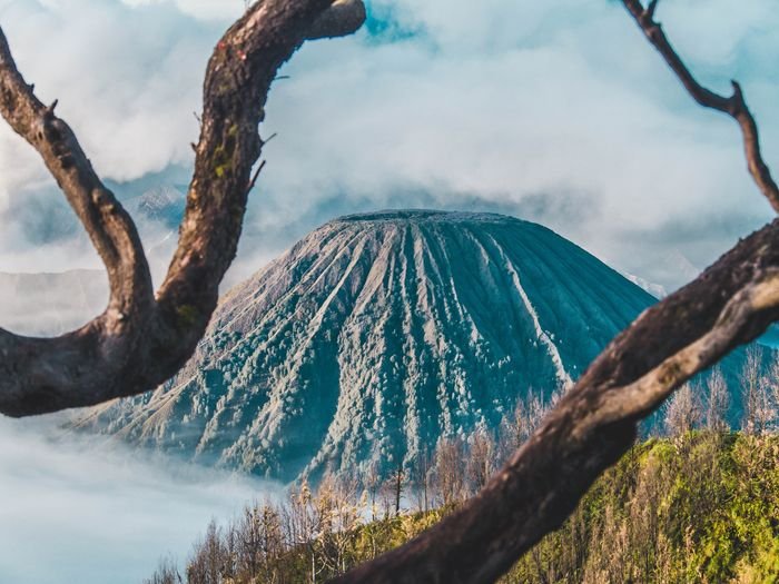 Фотография вулкана с ветвями, обрамляющими передний план