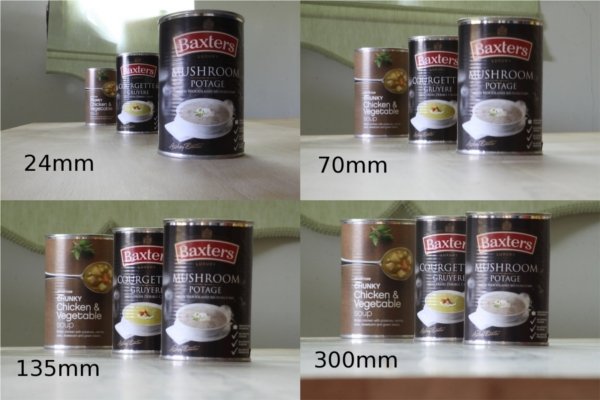 Сетка из четырех фотографий суповых банок, снятых с разным фокусным расстоянием