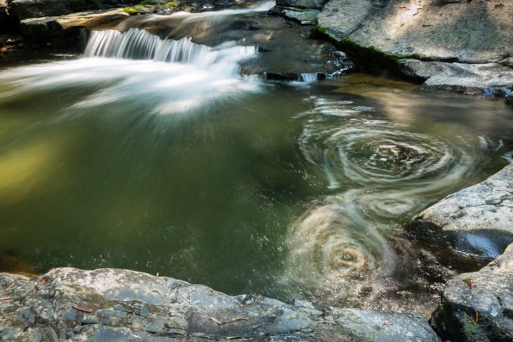 Фотография небольшого водопада на реке, демонстрирующая технику длинной выдержки