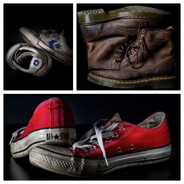 Сетка из трех фотографий, показывающая натюрморты различных туфель на черном фоне