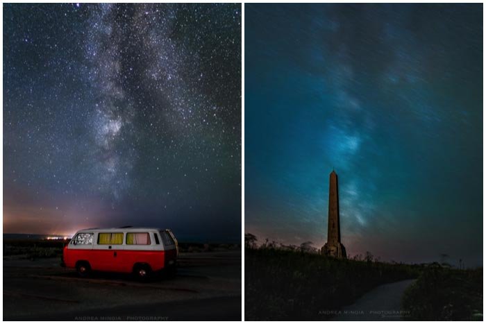 Коллаж из двух фотографий, сделанных ночью. На первой изображен автомобиль ночью с млечным путем на заднем плане, а на другой - колонна в египетском стиле в центре с млечным путем на заднем плане