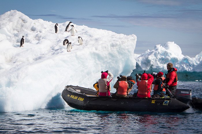 Группа людей на плоту фотографирует пингвинов на айсберге