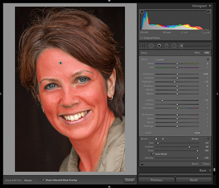Скриншот использования наложения маски для редактирования портретов в Lightroom