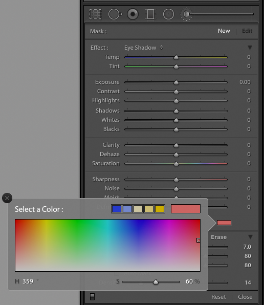 Screenshot of using Lightroom Adjustment Brush color overlay