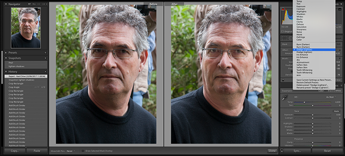 Скриншот использования Adjustment Brush в Lightroom для ретуши теней и тонов в портрете