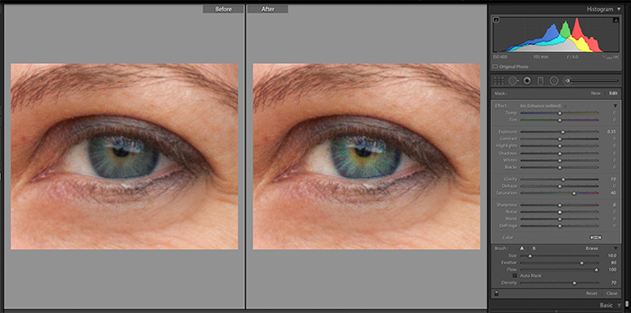 Скриншот использования Adjustment Brush Iris Enhance для редактирования портрета в Lightroom