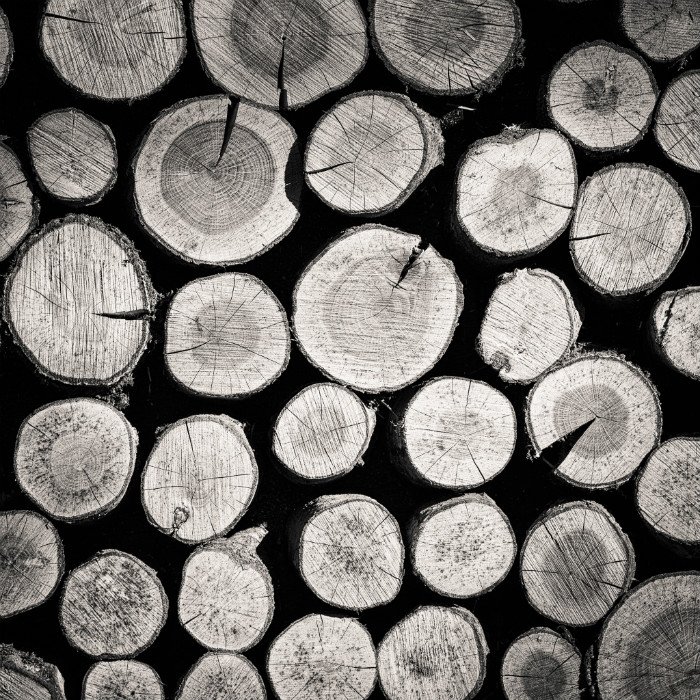 Черно-белая фотография сложенных в стопку обрезков бревен, демонстрирующая текстуру древесины