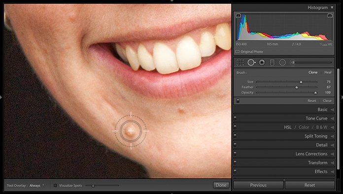 Скриншот использования инструмента удаления пятен для редактирования портретов в Lightroom