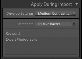  screenshot showing how to import photos into Lightroom - apply during import