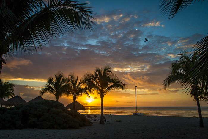 Прибрежная фотография: закат над пляжем с пальмами, скалами и лодкой