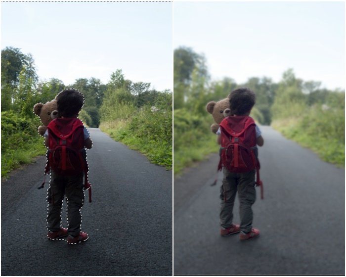 Диптих ребенка, держащего плюшевого мишку на дороге, правая фотография размыта