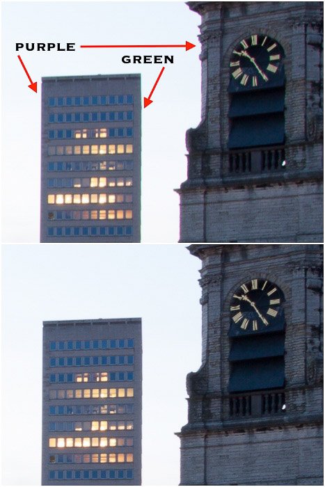 Диптих, сравнивающий фотографии часовой башни до и после удаления хроматической аберрации