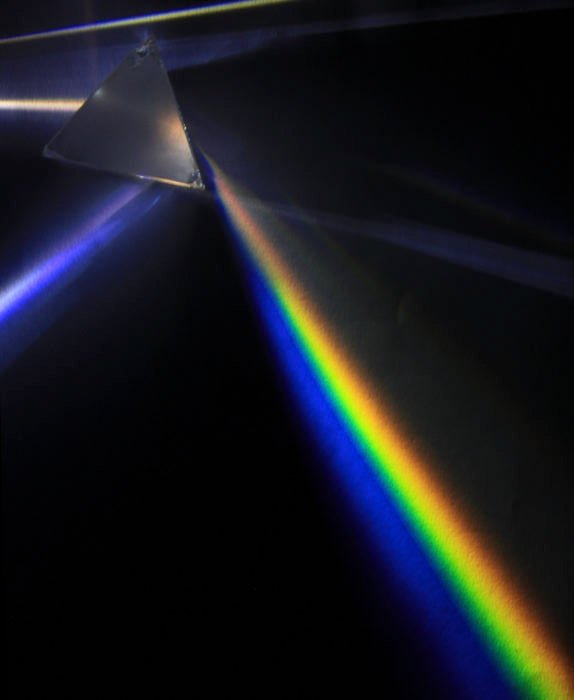 Image of white light rays passing through a prism resulting in the rainbow effect