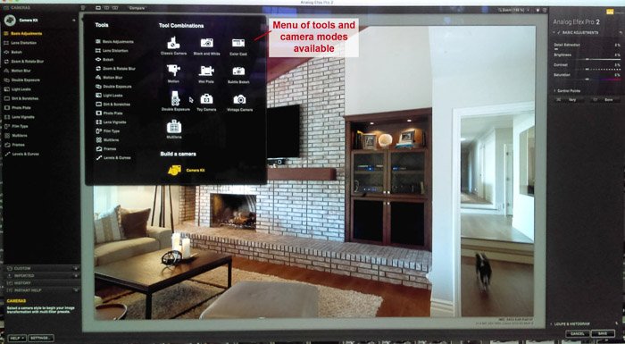 Скриншот использования коллекции Google Nik в Lightroom - - Инструменты Analog Efex и режимы камеры