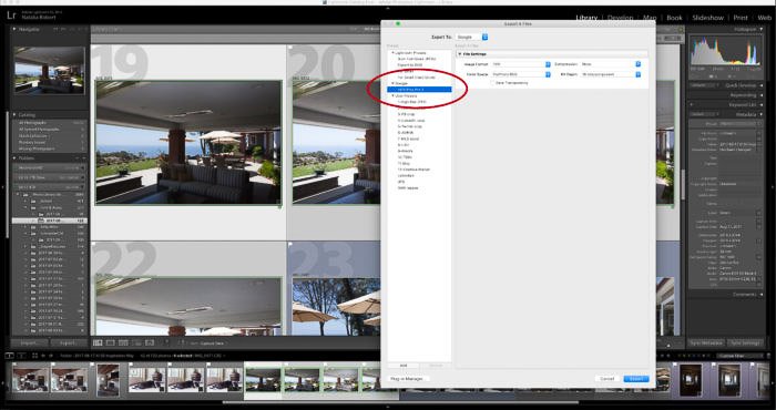 Скриншот использования Google Коллекция Nik в Lightroom - меню экспорта HDR Efex Pro, компиляция нескольких фотографий в одно HDR-изображение