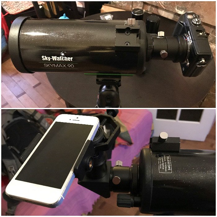Диптих фото DSLR и iPhone с креплением для телескопа для съемки Луны