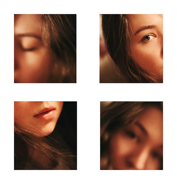 четыре фотосетки деталей лица - глаза, руки, рот, нос - для креативной идеи автопортрета