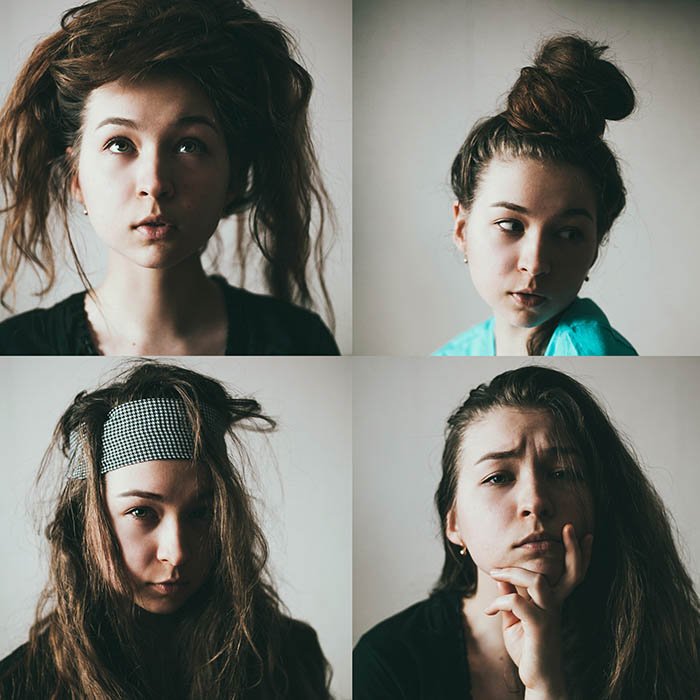 Четыре фото сетки женской модели, делающей глупые лица, показывающие, как весело проводить время с автопортретом