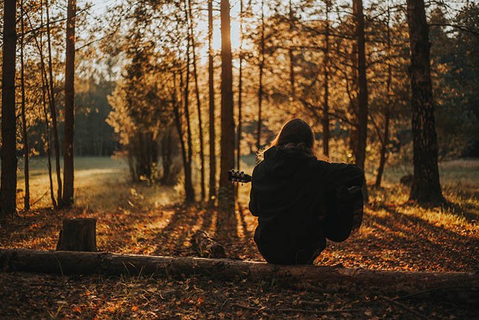 девушка играет на гитаре, сидя на бревне в лесу осенью, как креативная идея для автопортретной фотографии