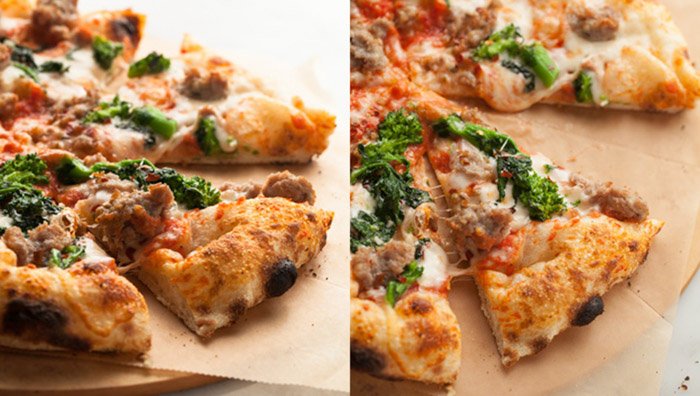 Диптих фото пиццы, снятый с использованием разного освещения