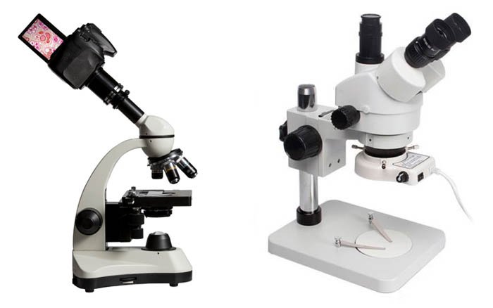Два микроскопа крупным планом на белом фоне