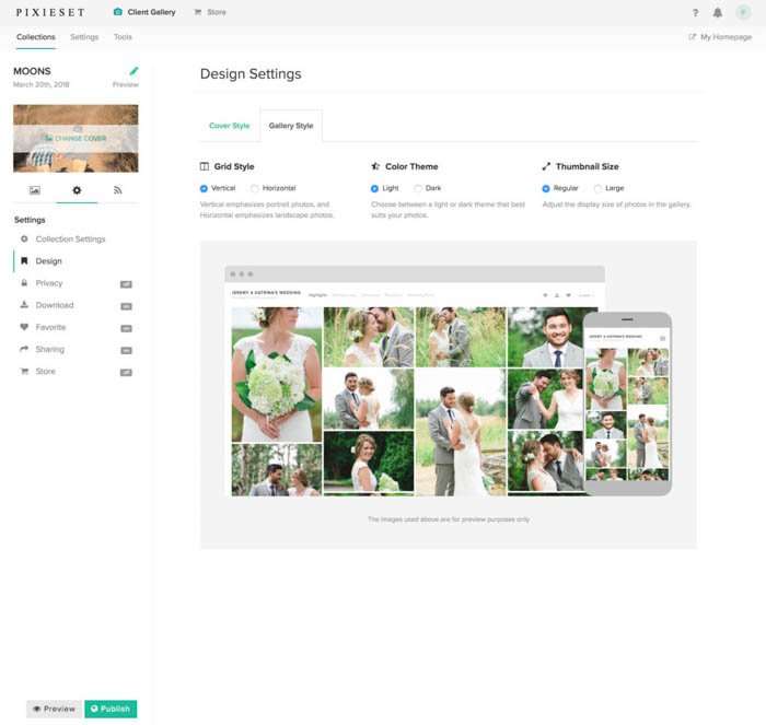 скриншот настройки аккаунта pixieset - платформы обмена информацией pixieset для фотографов