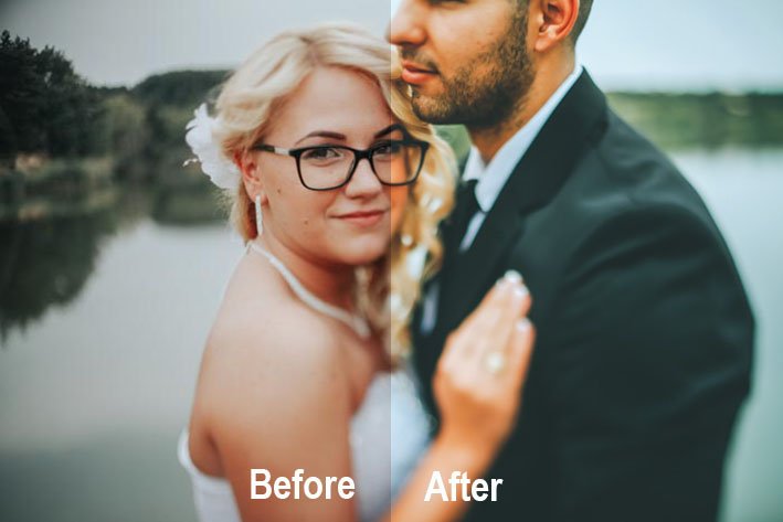 Сплит-скрин свадебного портрета до и после монтажа