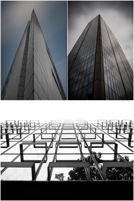 три фотоколлажа, показывающие интересные ракурсы для съемки фасадов зданий. архитектурная фотография