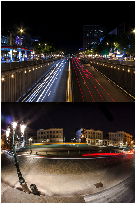 два снимка городской фотографии световых следов от ночного движения