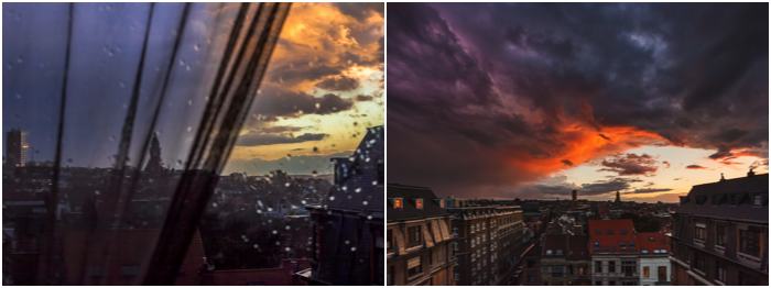 2 фотографии, показывающие драматическую погоду и цветные облака над городским пейзажем