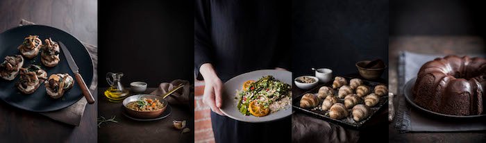 Фотография еды 5 фотоколлаж, показывающий различные тарелки с едой на темном фоне. 