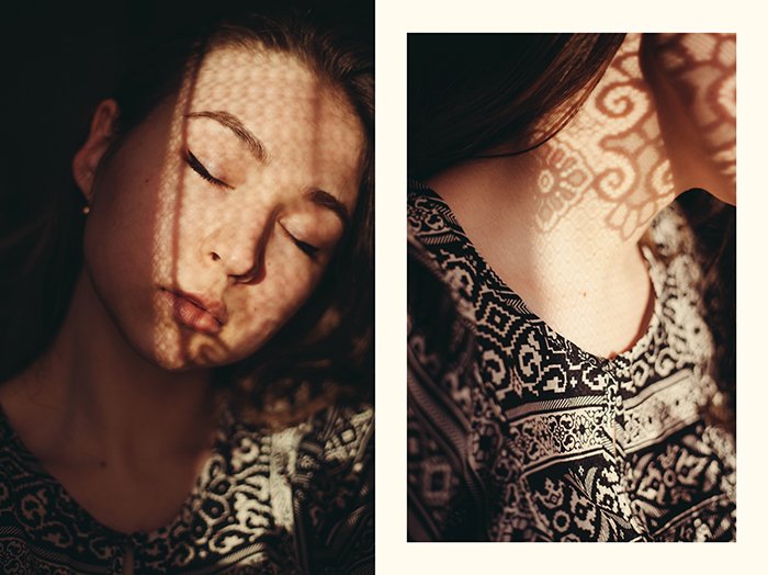 диптих фотоколлаж девушки с кружевной материей, отбрасывающей мечтательные тени на лицо