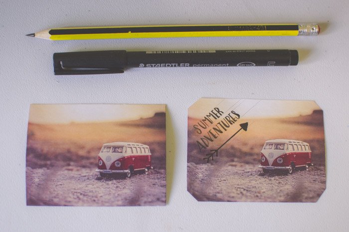 Две фотографии фургона Volkswagen рядом с ручкой и карандашом. Креативные идеи для фотографии.