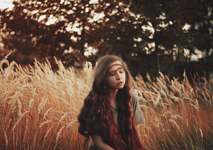 Мечтательный портрет темноволосой девушки в кукурузном поле на фоне размытого леса. 