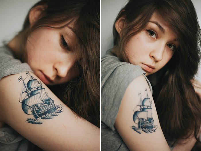 Диптих фотографии девушки с татуировкой корабля на руке. Советы по съемке автопортретов.