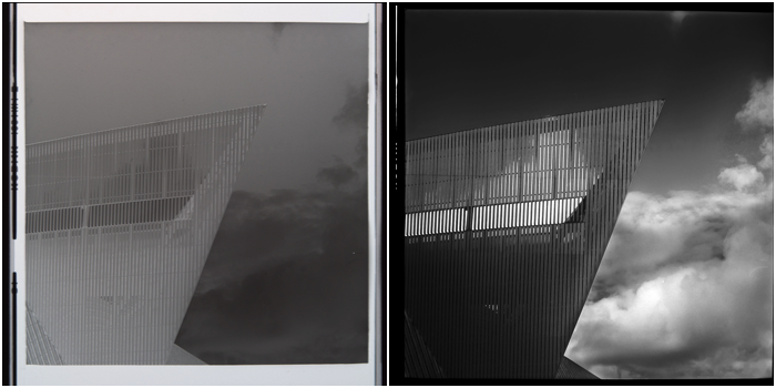 Две черно-белые фотографии среднего формата 6x6 городской застройки и неба, сделанные камерой Yashica Mat TLR