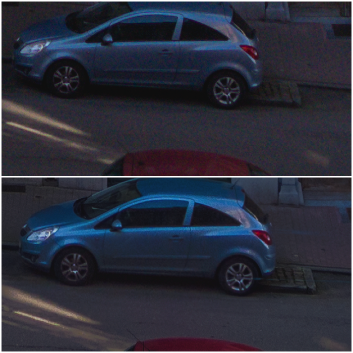 Два изображения синего автомобиля на улице. 100% кадрирование с одной экспозиции 0EV (вверху) и HDR с экспозициями -2EV, 0EV и 2EV (внизу).