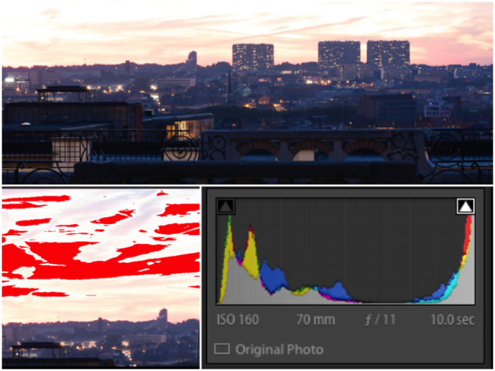 Триптих фотоколлаж с изображением городского пейзажа и экранов лайтрума.