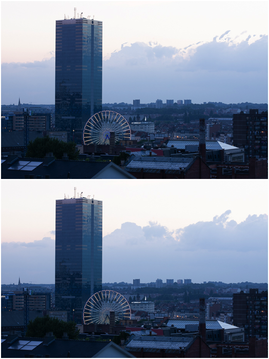 Две фотографии одного и того же городского пейзажа. Сравнение простого HDR-слияния (вверху) и слияния с дегхостингом (внизу).