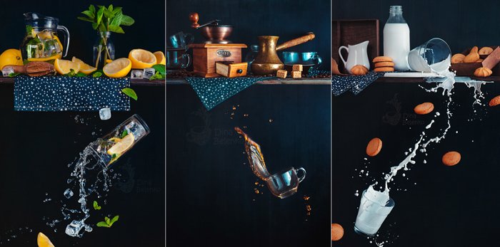 Креативный фототриптих натюрморта с падающими стаканами жидкости на темном фоне