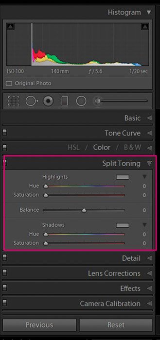 Скриншот панели раздельного тонирования Adobe Lightroom для редактирования цветочной фотографии