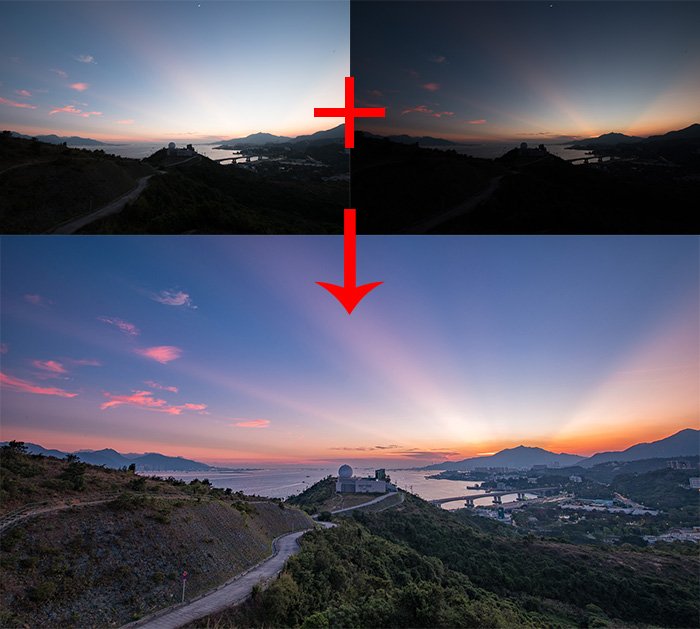 Три пейзажные фотографии схема использования масок светимости для цифрового смешивания