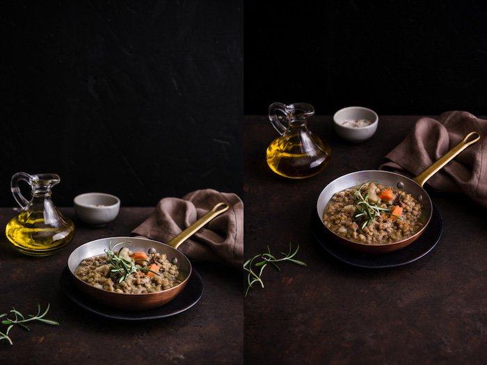 Mystic Light Food Photography Диптих из сковороды с маслом, маленьких мисочек и полотенца на столешнице темного цвета