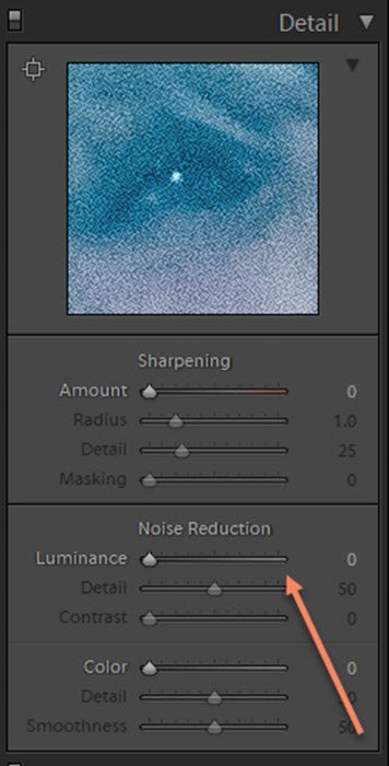 Скриншот настройки шумоподавления в Lightroom для ретуширования фотографий