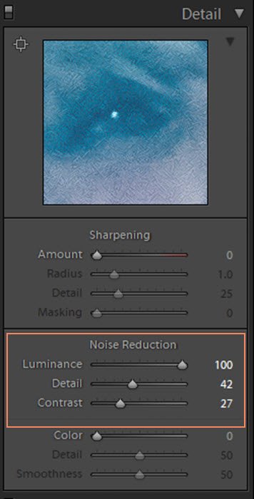 Скриншот настройки шумоподавления в Lightroom для ретуширования фотографий