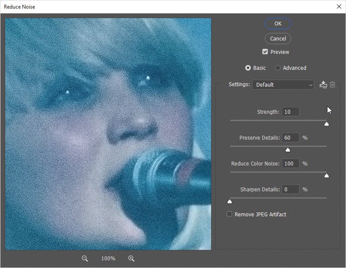 Скриншот, как настроить три ползунка Strength, Reduce Color Noise, andSharpen Details в Photoshop для ретуширования фотографий