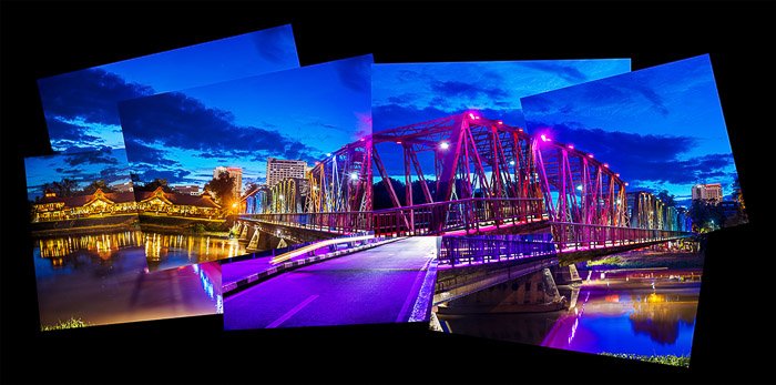 Фотомонтаж исторического Железного моста в Чиангмае вечером